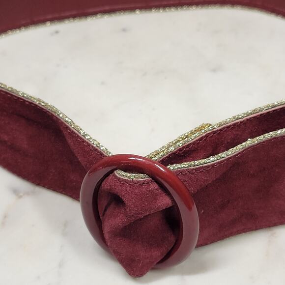 VTG Yves Saint Laurent Suede Belt 75/30 Burgundy Red Bakelite Buckle Gold Trim main image 16